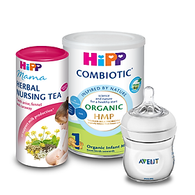 Combo đi sinh siêu tiết kiệm: Sữa HiPP Organic Combiotic - Trà lợi sữa HiPP - Bình sữa Philips Avent nhập khẩu châu Âu