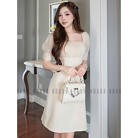 Đầm kem cổ vuông phối voan NGADO , đầm kiểu Nữ , đầm voan