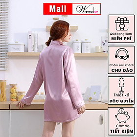 Đầm ngủ sơ mi lụa cao cấp WANNABE DNS44 váy ngủ kiểu dáng pijama rộng rãi thoải mái tay dài viền gân nổi có túi tiện lợi