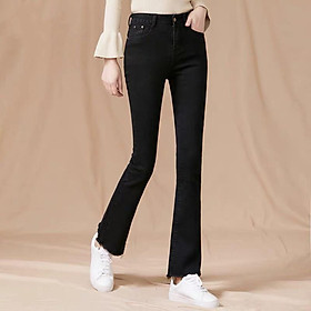 Quần jean nữ ống Bass Loe thời trang BIG SIZE lưng siêu cao, vải jean co dãn mạnh màu đen hot trend 3220