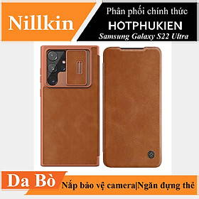 Case bao da leather chống sốc cho Samsung Galaxy S22 Ultra hiệu Nillkin Qin Pro trang bị nắp bảo vệ Camera (Chất liệu da cao cấp, có ngăn đựng thẻ, mặt da siêu mềm mịn) - hàng nhập khẩu
