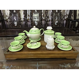 Mua Bộ Ấm Uống trà Bát Tràng mẫu Tròn – Hoa văn nổi sần kiểu đất nẻ cực đẹp – 1 ấm  6 ly  7 dĩa – Màu Xanh