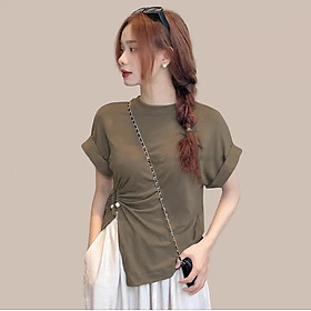 Áo thun tay hến nhún eo mix ngọc điệu đà tạo eo thon, mẫu mới vải cotton co dãn 4 chiều