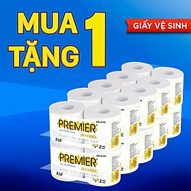 MUA 1 TẶNG 1 Giấy vệ sinh cao cấp Premier Deluxe có lõi, 3 lớp 100 bột giấy nguyên sinh, không chất tẩy lốc 10 cuộn