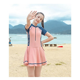 Đồ bơi bé gái 5-18 tuổi liền thân kiểu chân váy hồng phối xanh, Bộ bơi cho bé cao cấp vải co giãn cực tốt