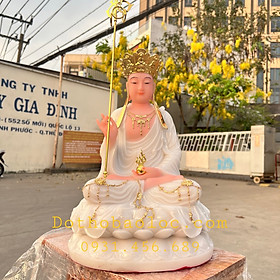 Tượng Địa Tạng Vương Bồ Tát ngồi trên đài sen bằng đá nhập khẩu cao cấp cao 40cm– màu trắng và vàng