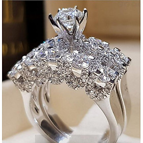 Combo Nhẫn cặp phong cách Châu Âu, Màu Bạch kim đính đá, kiểu dáng kim cương, kèm hộp đựng lót nỉ