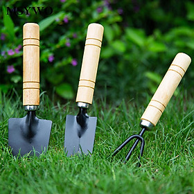 Set 3 dụng cụ tay cầm gỗ xẻng và bồ cào đất làm vườn mini