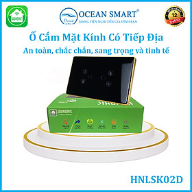 Ổ Cắm Mặt Kính Có Tiếp Địa Viền Vàng, Ổ Cắm Âm Tường 2 Ổ 3 Chấu - HNLSK02