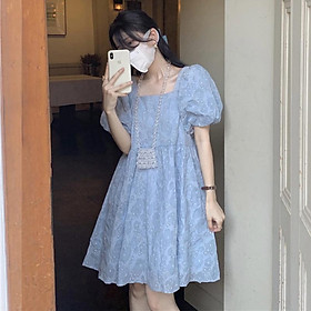 MS728 Váy đầm xoè babydoll hoa cổ vuông tay bồng trẻ trung