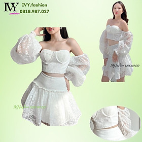 Set đầm váy áo croptop voan tơ lót lụa cúp ngực tay phồng ren trễ vai chân váy ngắn xòe đi biển dự tiệc dạo phố bigsi