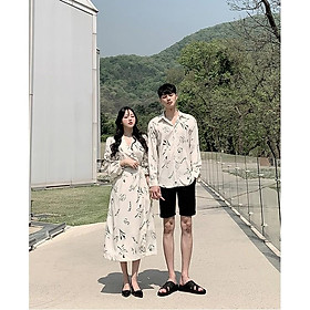 Áo cặp nam nữ áo đôi hoa lá đi biển du lịch chụp cưới đầm nữ maxi sơ mi nam dài tay Hàn Quốc couple AV48