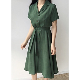 Đầm xanh lính cổ vest thắt eo