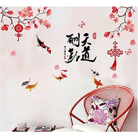 Mua Decal trang trí Tết - Cành Mai đỏ nhạt và đàn cá KOI tinh tế