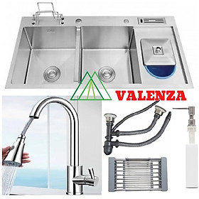 Combo chậu rửa chén bát inox sus304 10048 Valenza có hộc cài dao thớt + vòi rửa bát nóng lạnh đầu rút 01 inox sus304, rá inox đa năng, bình xà phòng