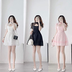 Đầm xoè đen trắng hồng cổ yếm ren hoa lót lụa cutout ngực đi biển dự tiệc cao cấp size S M L bigsize chiết eo cao cấ
