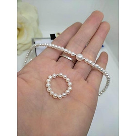 Bộ Chuỗi Đeo Cổ Choker Và Nhẫn Ngọc Trai Nước Ngọt 3ly Mix Bi Bạc Ta Trắng, Bộ Ngọc Trai Thật Sang Trọng - Trường Thịnh Ngọc Trai