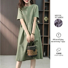  Váy Đầm Nữ Thiết Kế Cao Cấp Cổ Tròn Dáng Suông Tôn Dáng, Đầm Midi Chất Liệu Linen Thời Trang Đũi Việt