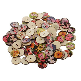 100Pieces Mixed Floral Wooden Round 2 Holes Buttons for Sewing Crafts 25mm
