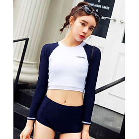 Đồ Bơi Nữ Tay Dài 2 Mảnh - Mẫu Xanh Đậm Và Trắng AT062 MayHouse - Thun Lạnh Co Giãn - Không Phai Màu