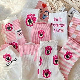 Set 10 đôi tất vớ cổ cao Gấu Dâu Lotso màu hồng socute kèm túi siu đáng yêu