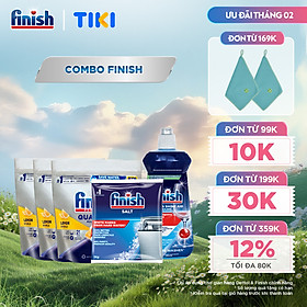 Combo Finish: Combo 3 Túi Viên Rửa Chén Bát Finish All In One,21 viên/túi + Nước làm bóng + Muối Rửa Chén Finish Salt túi 1kg