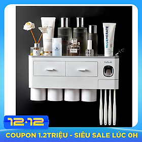 Hộp đựng bàn chải kem đánh răng nhà tắm tặng kèm 4 cốc-Kệ để đồ vệ sinh răng miệng dán tường (màu ngẫu nhiên)