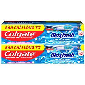 Gift Bộ 2 Kem đánh răng Colgate bạc hà the mát Maxfresh 230g tặng bàn chải đánh răng lông mềm