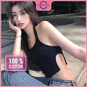 Áo ba lỗ nữ croptop ôm gợi cảm, ao thun sát nách sẻ gấu hở lưng sang chảnh mặc đi chơi đi biển màu đen trắng