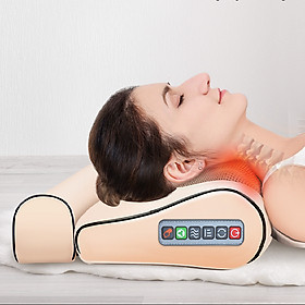 Gối mát xa massage hồng ngoại 16 bi cao cấp thế hệ mới, trị liệu cổ, vai ,gáy, cột sống lưng chất liệu da, vải chống thấm nước + tặng kèm gối lưng + gói trị liệu ngải cứu