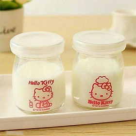 Bộ 12 hũ thủy tinh làm sữa chua 100ml , có nắp đậy, in hình Hello Kitty