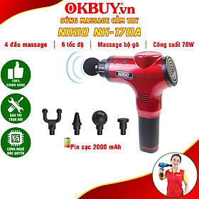 Súng (Máy) Massage Cầm Tay Nikio NK-170A - Kỹ Thuật Mát Xa Gõ Hiện Đại, Tác Động Sâu, Hỗ Trợ Giãn Cơ Toàn Thân - 4 Đầu Thay Thế, 6 Cấp Độ Mát Xa, Pin Sạc Không Dây 2000 mAh