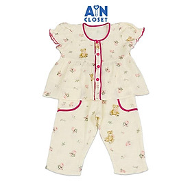 Bộ quần áo Dài tay ngắn bé gái họa tiết Gấu Viền Hồng Xô muslin - AICDBG0A1OZ2 - AIN Closet