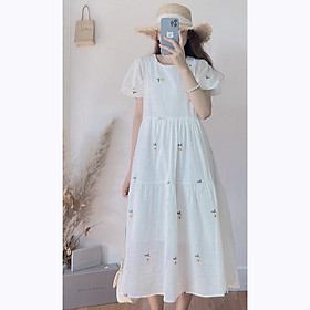 Váy babydoll hoa nhí tay bồng -Đầm nữ vintage dáng suông Hàn Quốc