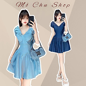 Đầm xòe jeans denim cổ v tay nhún