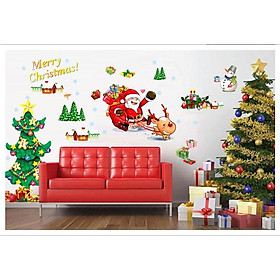 Decal trang trí Noel - Ông Gia Noel ngồi xe Tuần Lộc bay phát quà