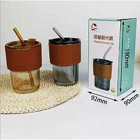 Siêu Hot ] Ly Thủy Tinh Hai Tầng INS Water Cup 450ml Có Nắp | Tùy Chọn Có Bao Da và Óng Hút Thủy Tinh
