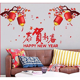 Decal trang trí TẾT - 2 Cành mai và Lồng đèn đỏ chúc tết