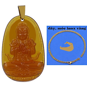 Mặt Phật Đại nhật như lai 5 cm (size XL) pha lê trà kèm móc và dây chuyền inox vàng, Mặt Phật bản mệnh