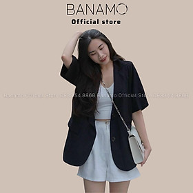 Áo Blazer nữ tay ngắn cổ vest dáng rộng có đệm vai siêu đẹp thời trang Banamo Fashion Áo Blazer cổ vest 3935