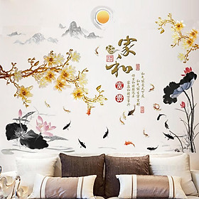 DECAL DÁN TƯỜNG CÀNH MAI VÀNG VÀ ĐẦM SEN SƠN THỦY