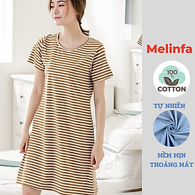 Váy đầm nữ dáng suông kẻ ngang ngắn tay vải Cotton tự nhiên thoáng mát mặc mã VAV0239