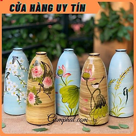 Mua Bình hoa- lọ hoa miệng nhỏ họa tiết vẽ tay gốm mộc Bát Tràng cao cấp cao 28cm