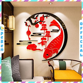 Tranh dán tường mica 3d decor khổ lớn cá chép tranh hoa đào chúc mừng năm mới trang trí phòng khách, phòng ngủ