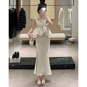 SET ĐI TIỆC, SET 2 MÓN ÁO BÍ CỔ VUÔNG DÂY PHỐI CHÂN VÁY ĐUỐI CÁ DÀI CỰC HOT - White