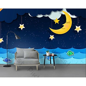 Tranh dán tường Giấc mơ bầu trời đầy sao trang trí phòng em bé, tranh 3d dán tường hiện đại (tích hợp sẵn keo) MS659553