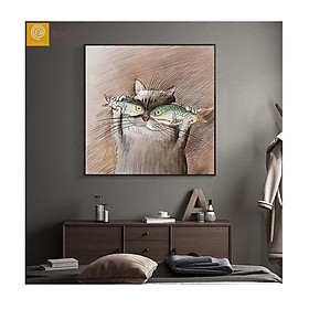 Mua Tranh canvas  mèo ăn cá  treo tường trang trí nhà cửa