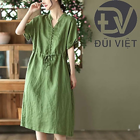 Đầm suông Linen hè nữ ngắn tay, cổ V phối cúc kèm dây thắt eo, chất liệu linen mềm mát Đũi Việt DV171