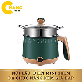 Nồi Lẩu Điện Mini 18CM Kèm Giá Hấp Inox, Ca Nấu Mì Đa Năng 2 Nấc Nhiệt Đa chức năng Cao Cấp