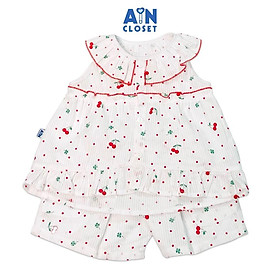 Bộ quần áo ngắn bé gái họa tiết Cherry lá xanh nền trắng cotton dệt - AICDBG6MG01B - AIN Closet